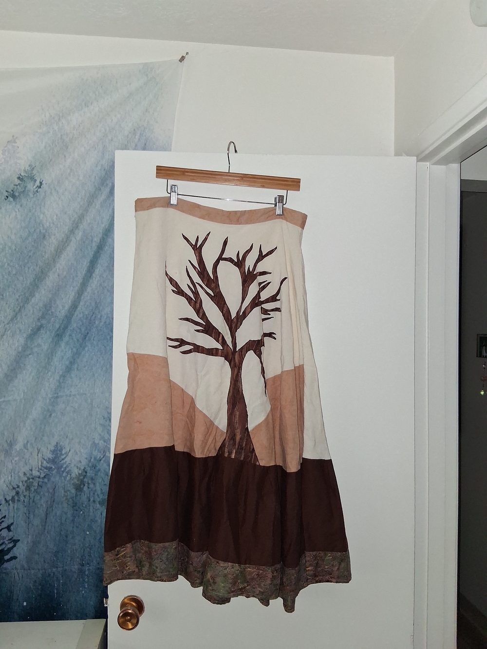 Boho Tree-Appliqué Patchwork Maxi Skirt - Brown & Cream